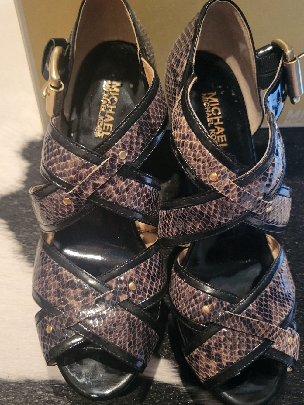 Michael Kors - Penelope X Strap Women's Brown Snake-Print Heels - 8.5